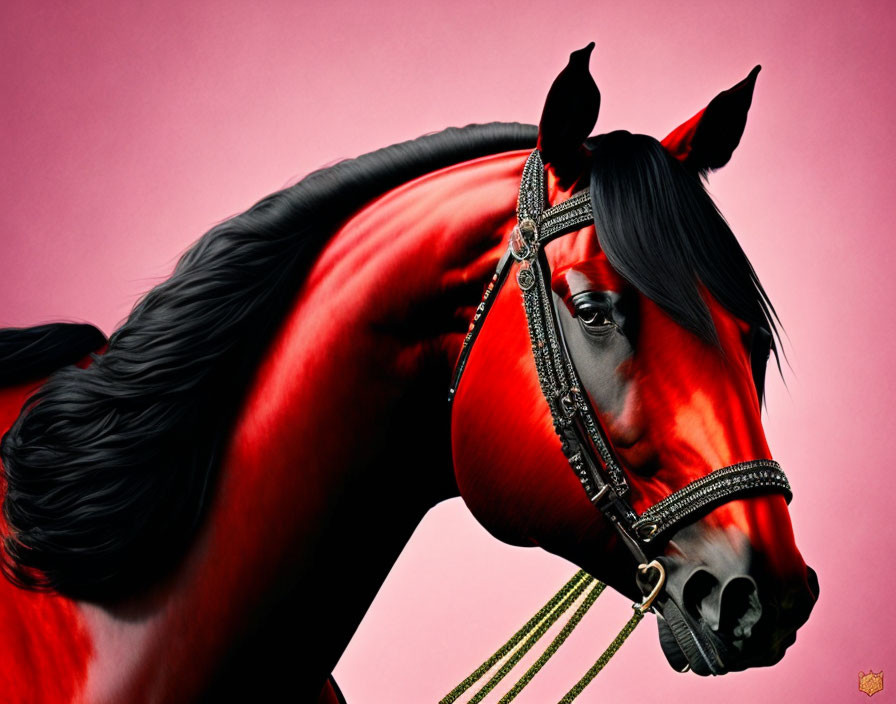 Majestic chestnut horse with glossy coat and dark mane on pink background