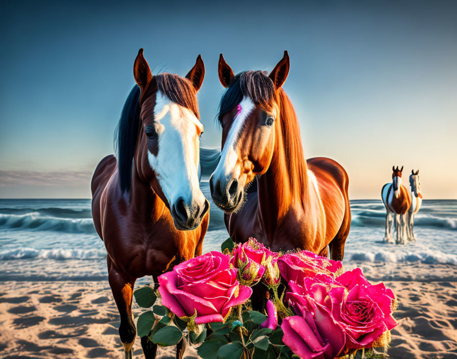 Brown horses with white and black markings among pink roses and ocean backdrop.