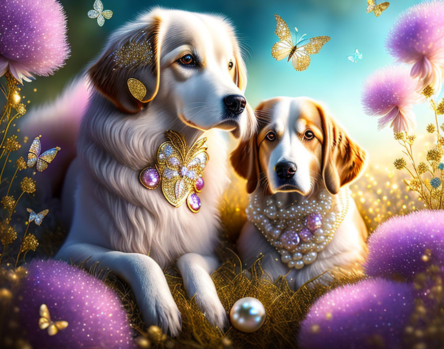 Regal dogs with jewelry, butterflies, and purple flowers on golden backdrop