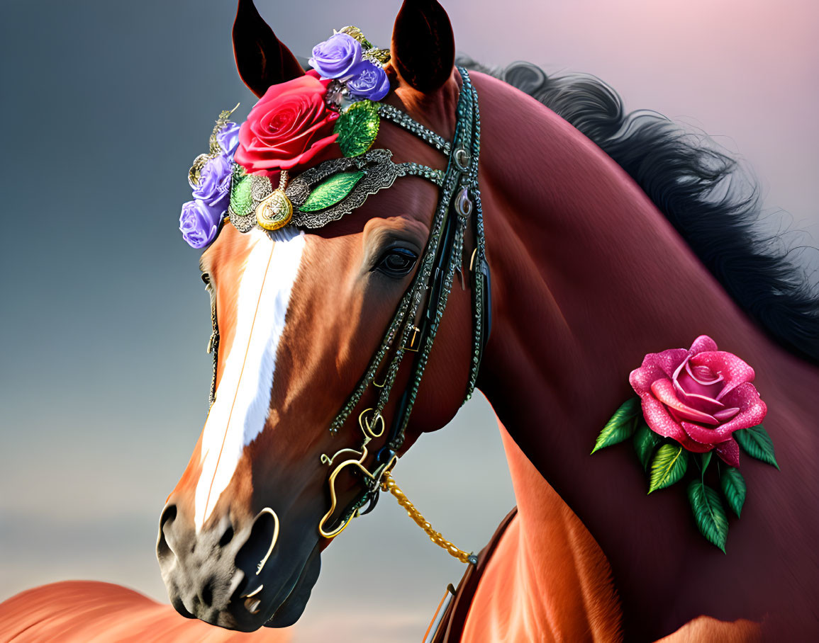 Chestnut Horse with Ornate Bridle on Colorful Background