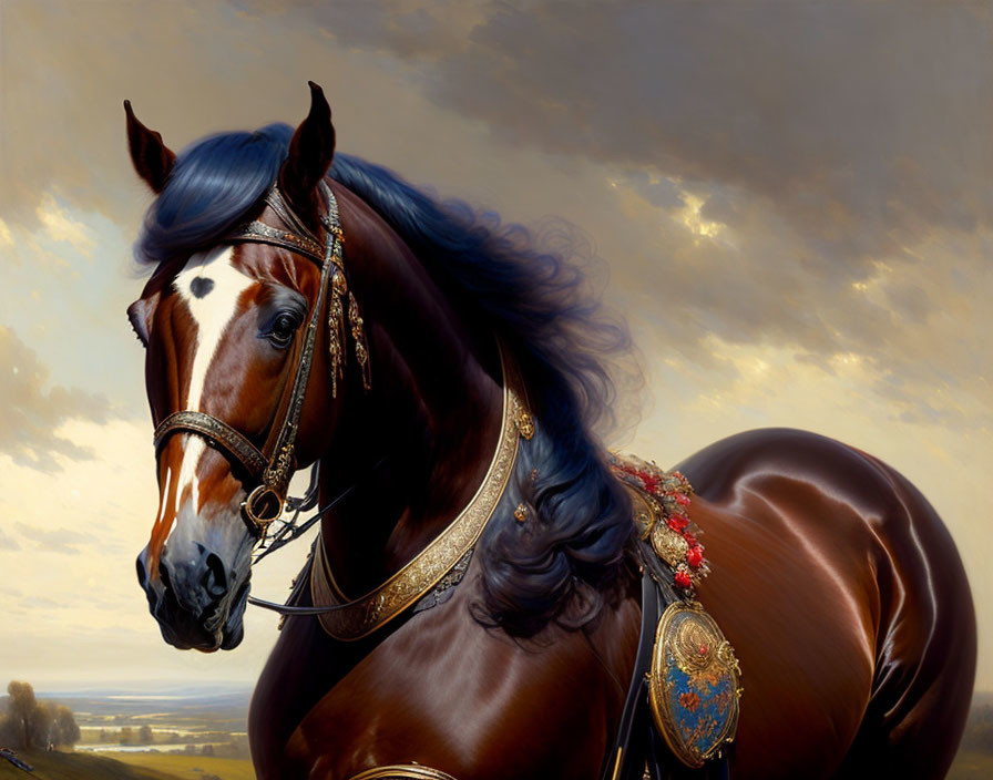 Majestic brown horse with shiny coat and ornate bridle in pastoral landscape