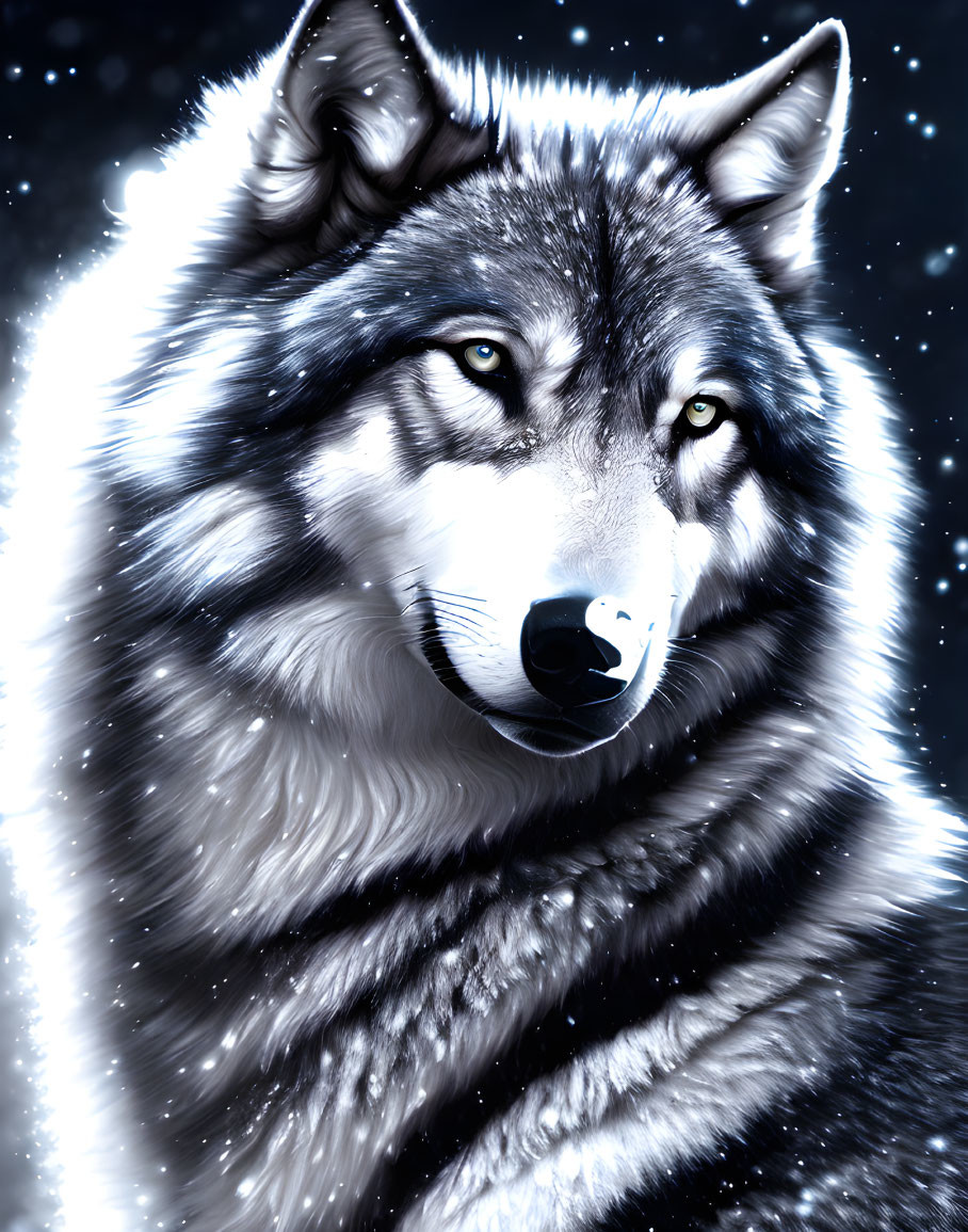 Detailed digital art: wolf with blue eyes in starry night sky