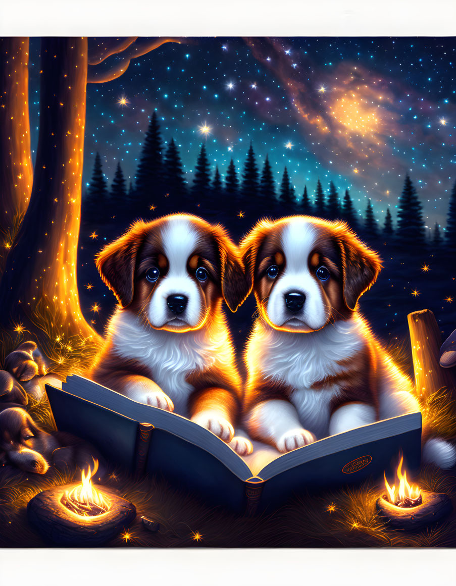 Adorable puppies with book in magical forest at night