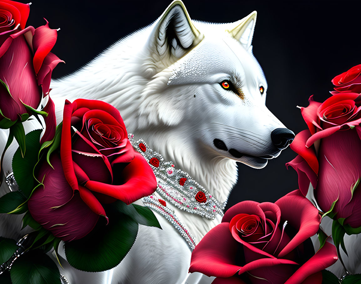 White Wolf with Bejeweled Collar Among Red Roses on Dark Background