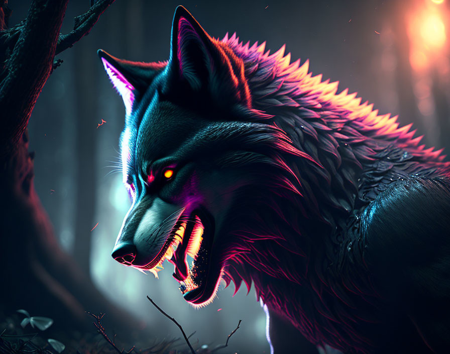 Neon Wolf Art: Snarling Creature in Moody Forest