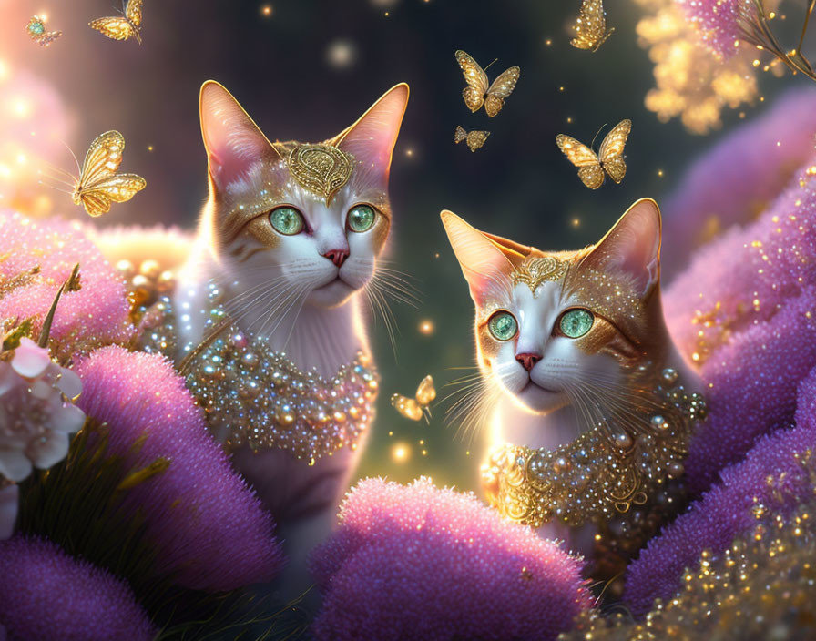 Adorned cats with jewelry in dreamy landscape with butterflies and flowers