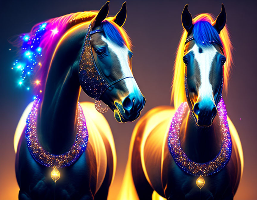 Vibrant shimmering horses with glowing manes on dark backdrop