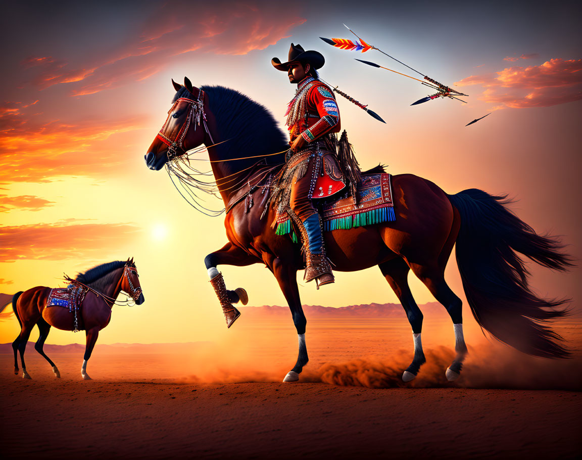 Cowboy on galloping horse with bow and arrows in desert sunset.