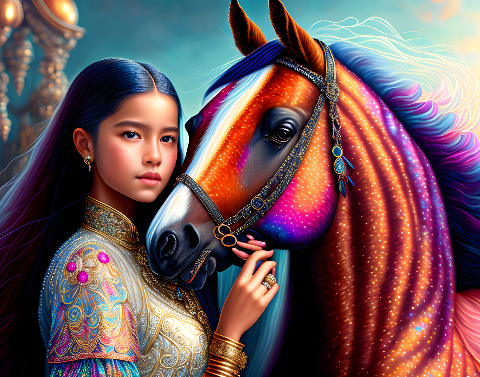 Ornate golden dress girl with colorful horse and decorative bridle