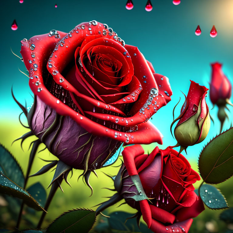 Close-up red roses with water droplets on petals against teal blurred background