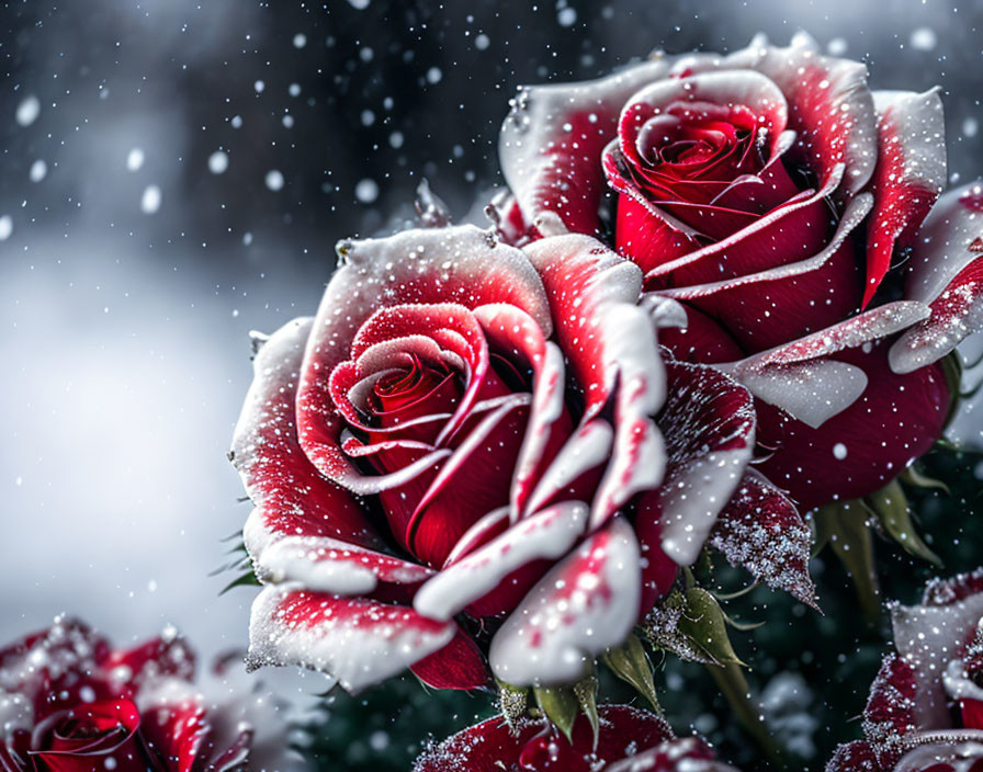 Red Roses with White Edges in Snowy Winter Scene