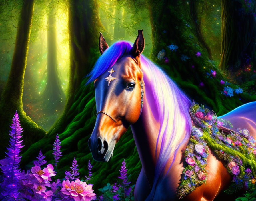 Mystical horse in enchanting forest with sunlight and flowers