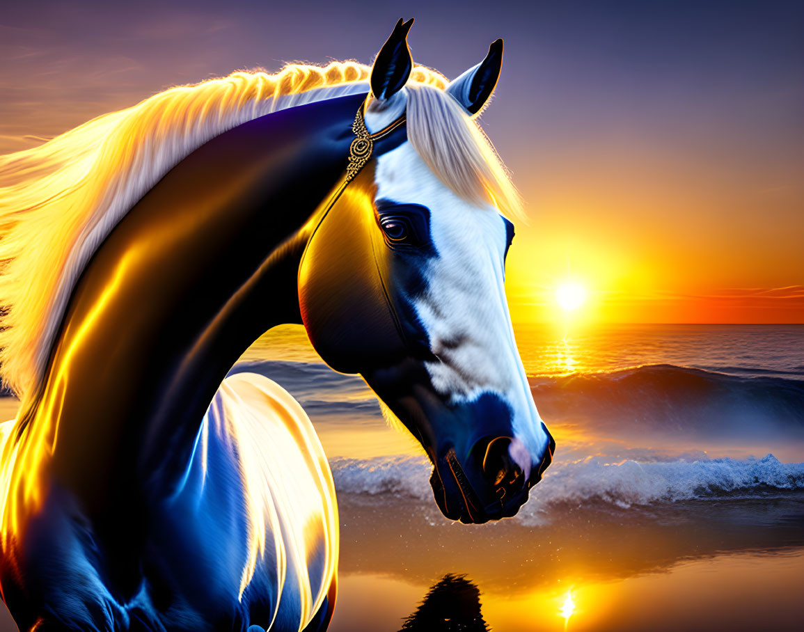 White horse with glowing mane at sunset by the ocean