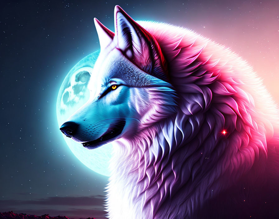 Colorful Wolf Artwork with Full Moon & Starry Sky