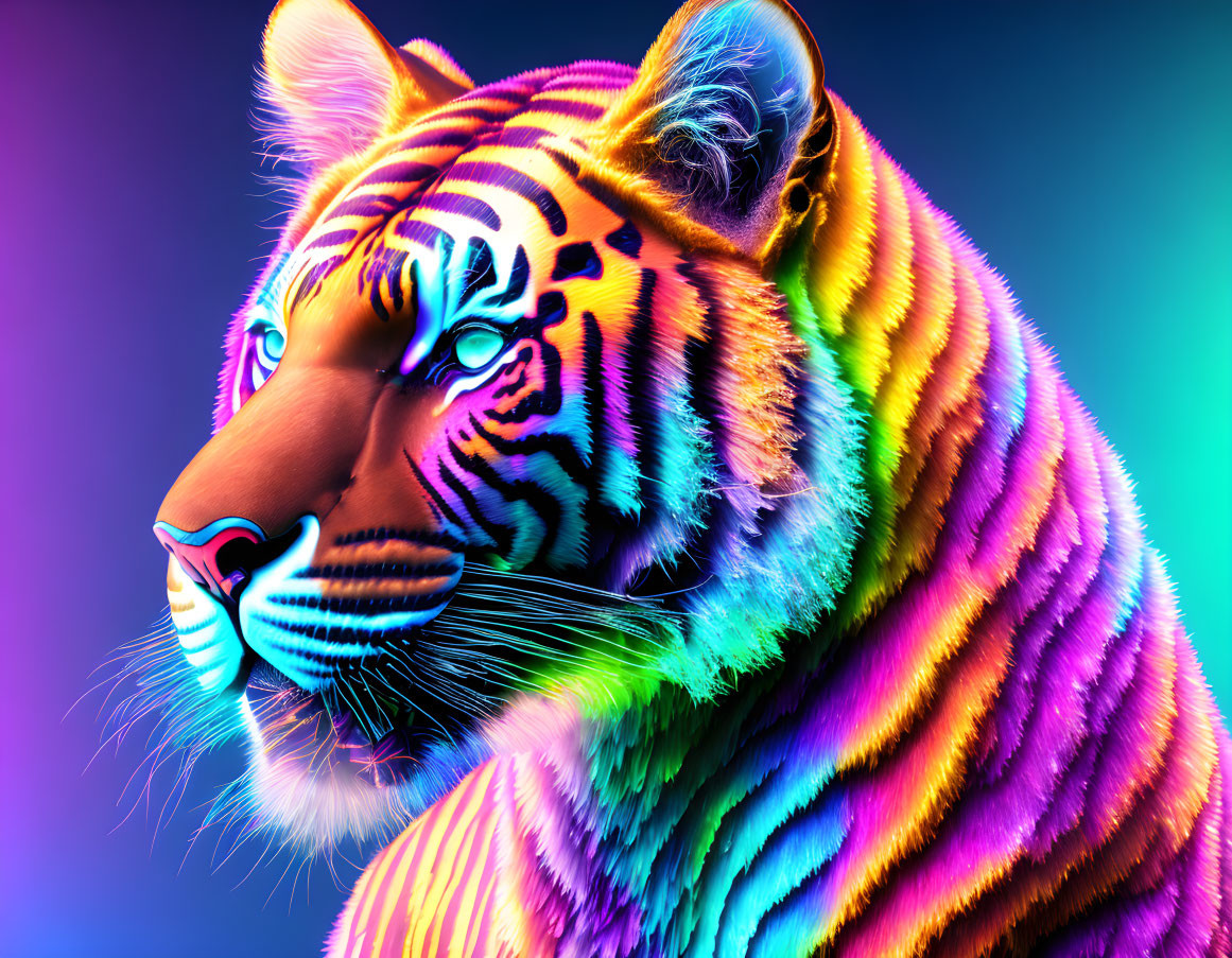 Colorful Rainbow Tiger Artwork on Neon Background