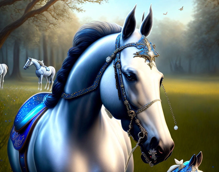 Majestic white horse with blue and gold tack in serene forest clearing