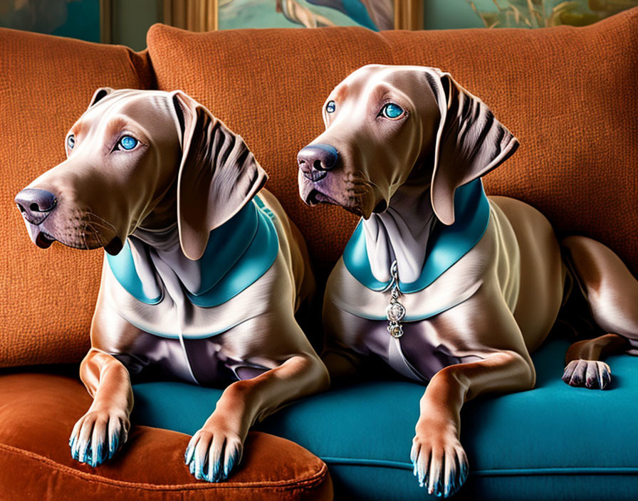 Stylized anthropomorphic dogs in elegant attire on a couch