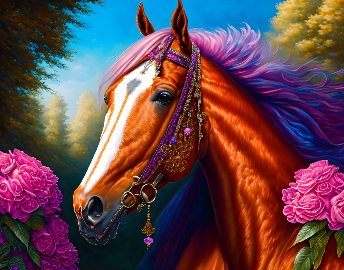 Chestnut horse with decorated bridle in pink rose field