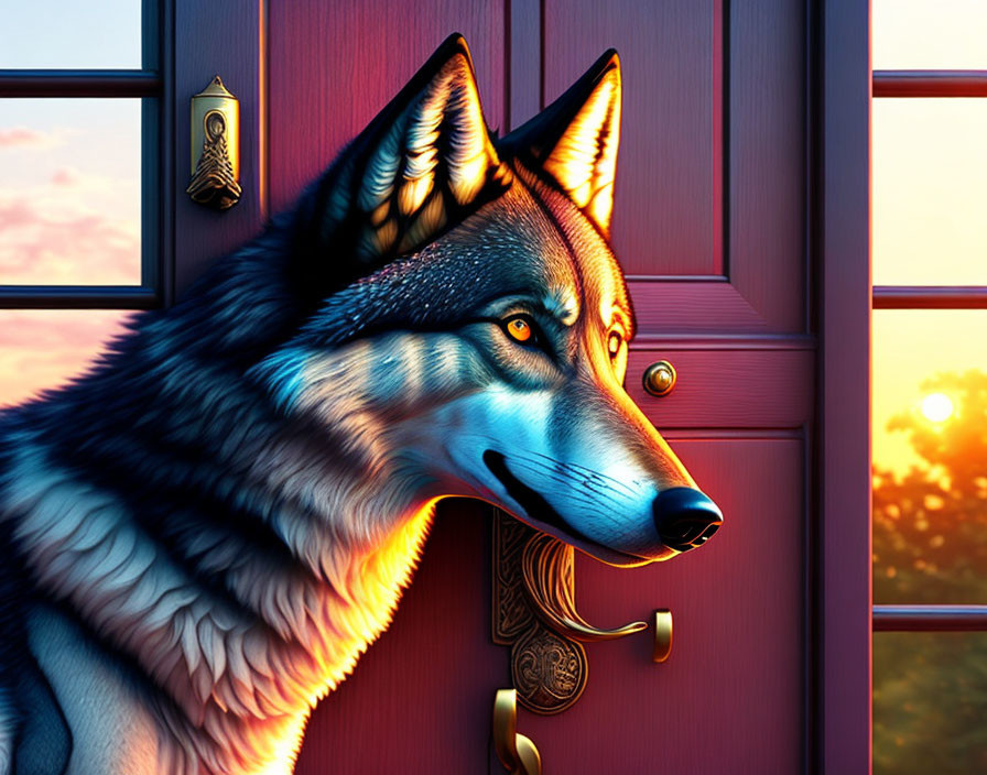 Wolf's head merges with house door, intense gaze, serene sunset view.