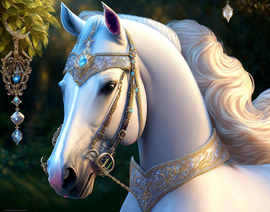 White horse with jewelry and headdress in lush forest setting