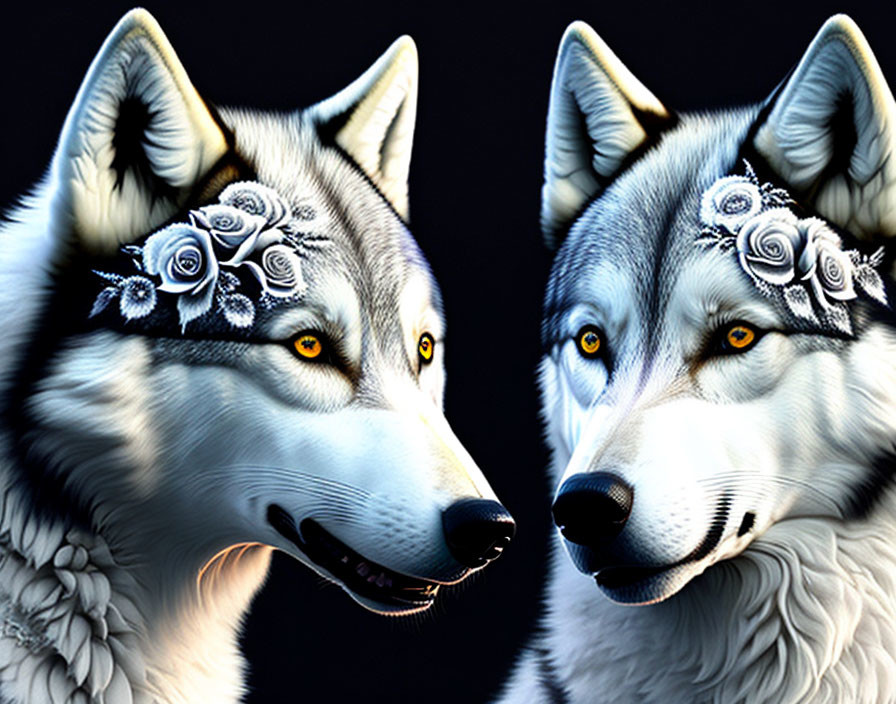 Floral-patterned huskies on black background