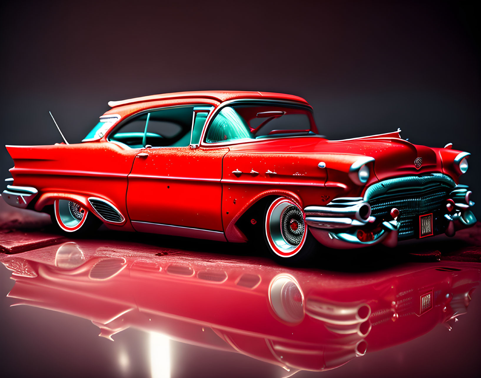 Vintage Red Classic Car with Chrome Details and Fins on Glossy Red Surface