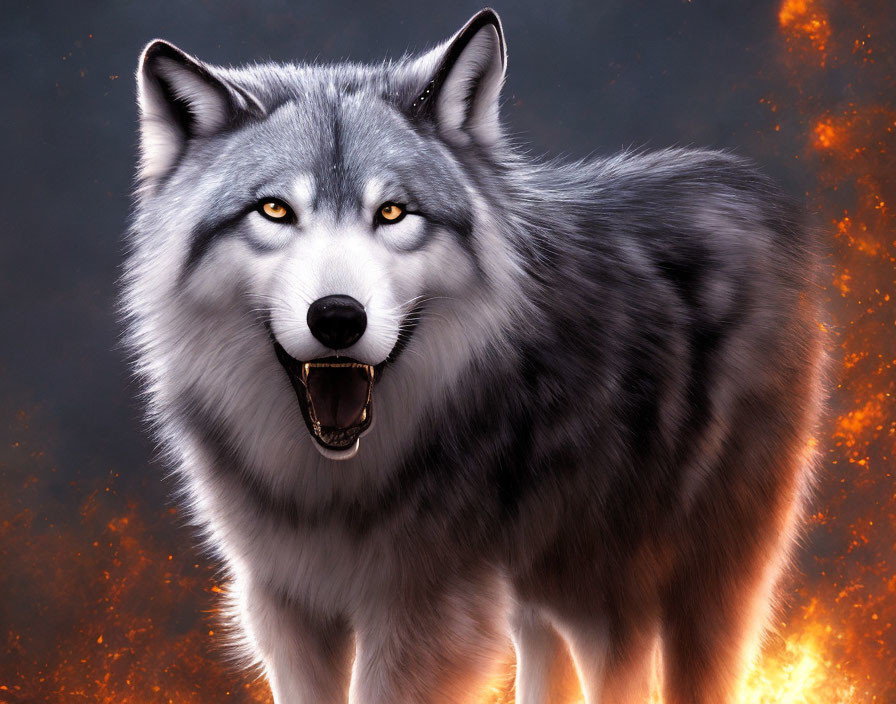 Grey wolf with yellow eyes in fantasy setting.