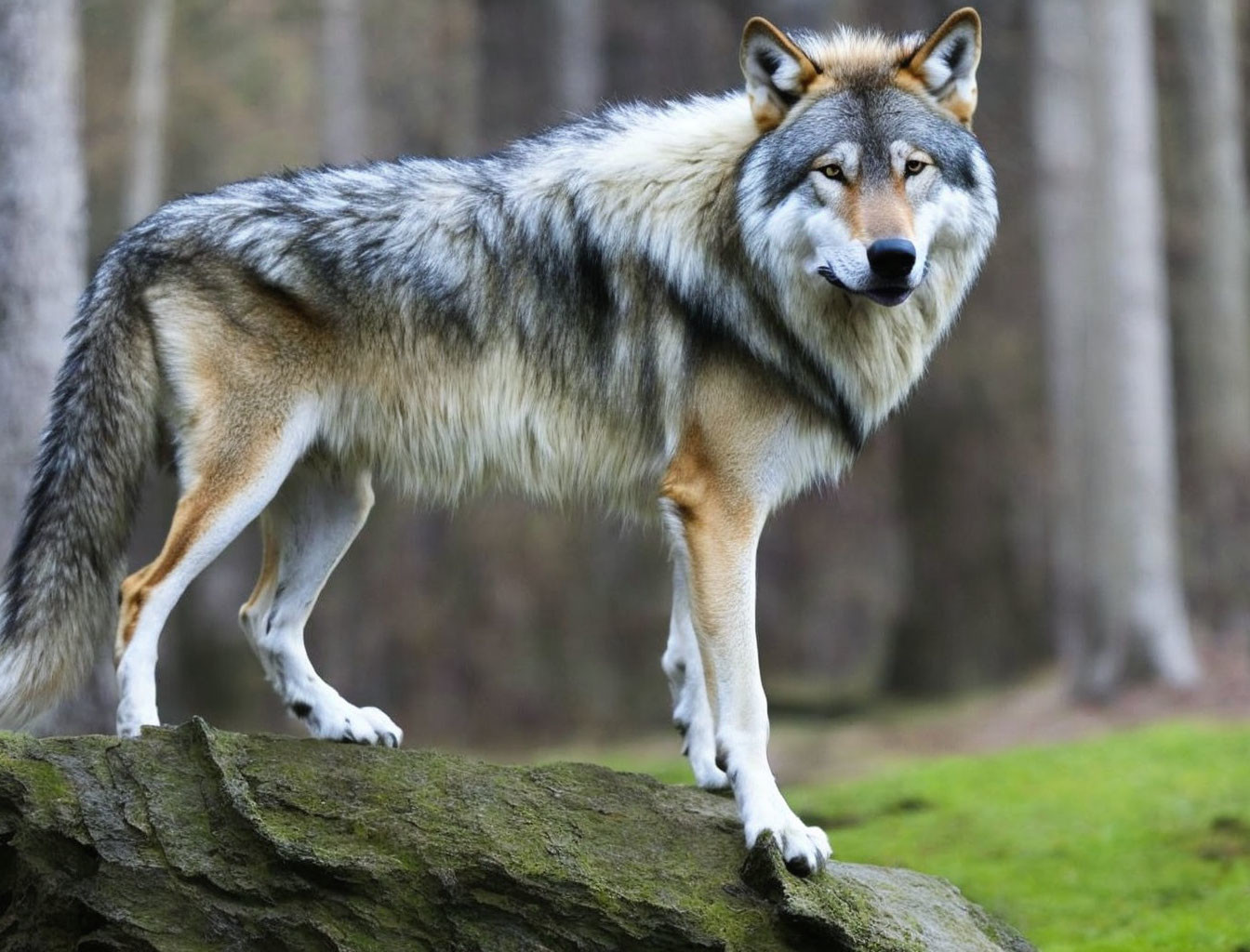 Gray Wolf Standing Alert on Moss-Covered Rock in Forest