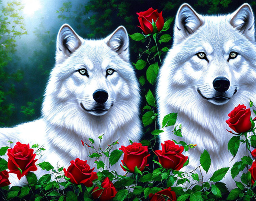 White wolves in red rose garden with green backdrop and soft glow