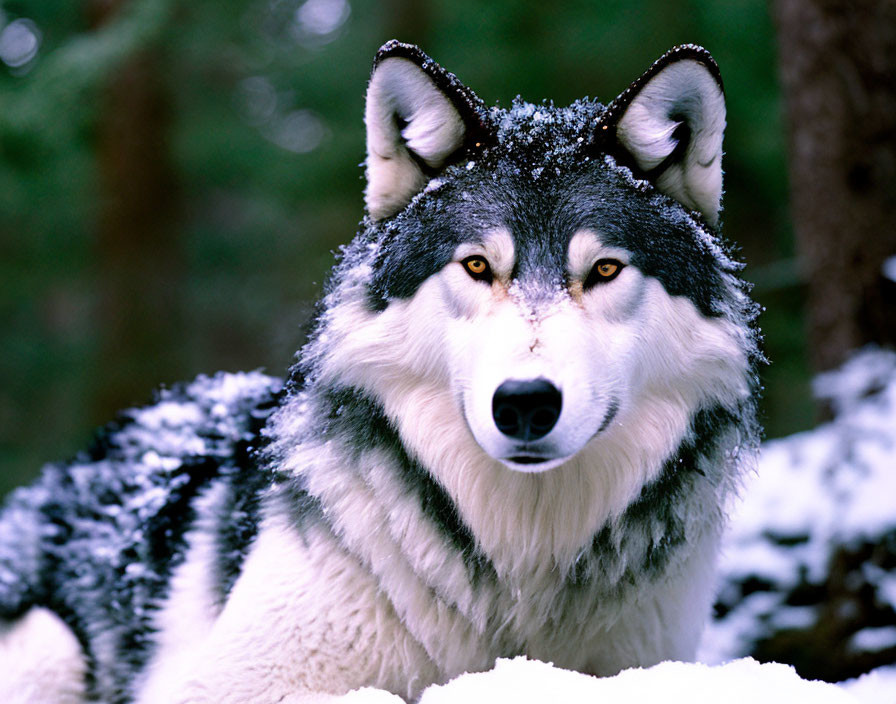 Grey and White Wolf with Yellow Eyes in Snowy Forest