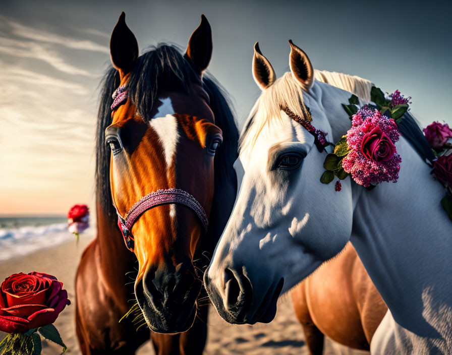 Brown and white horses with flowers on a sunset beach - close-up view