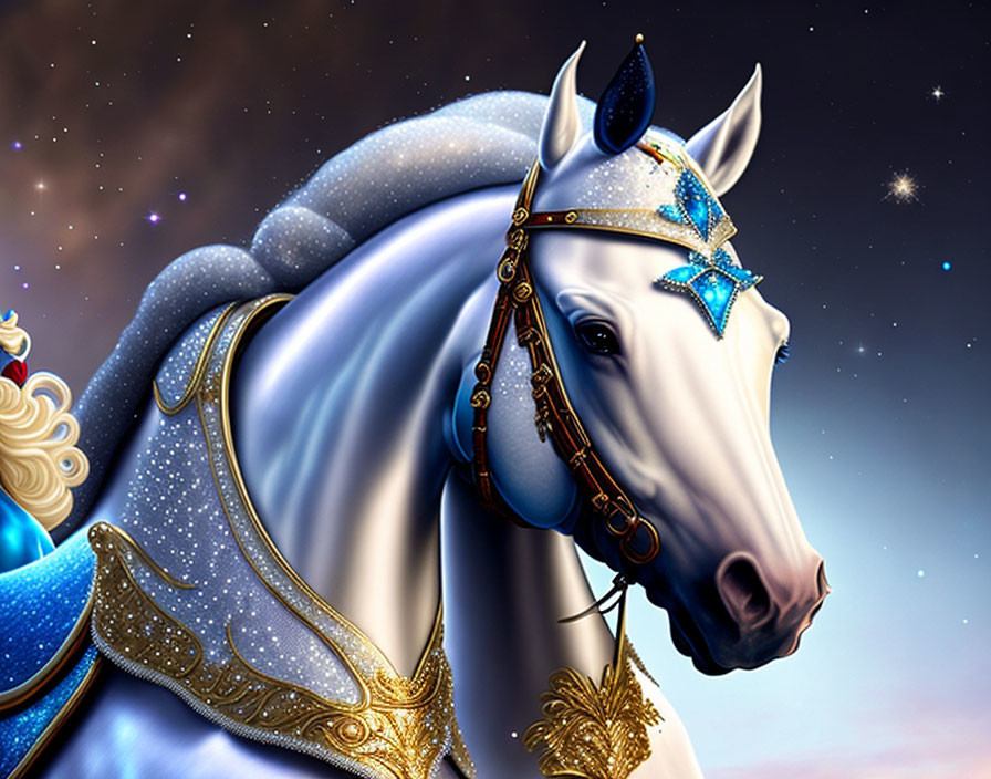 White Horse Illustration with Blue Bridle and Golden Accents