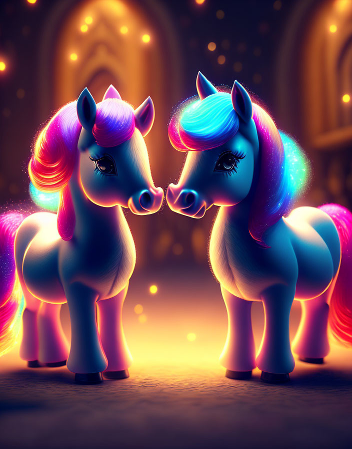 Iridescent maned unicorns touching noses under glowing archway