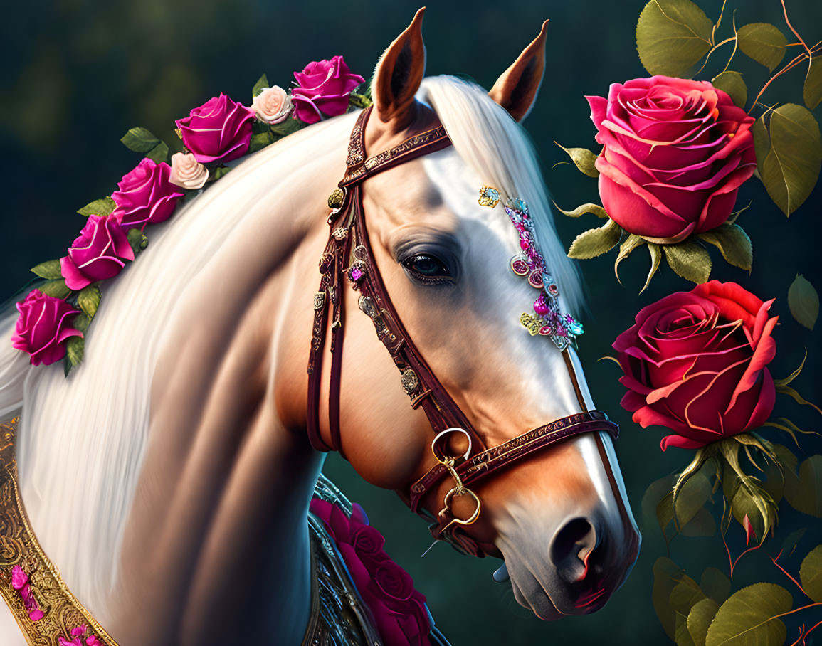 White Horse with Ornate Bridle Surrounded by Red Roses