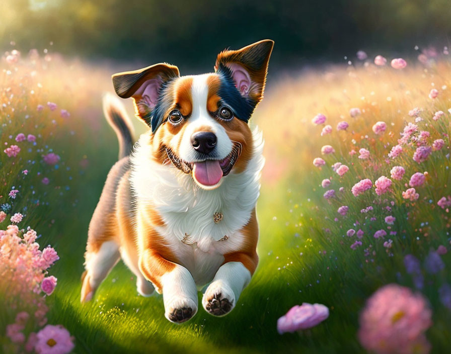 Tri-Colored Dog Running in Sunlit Meadow with Pink Flowers