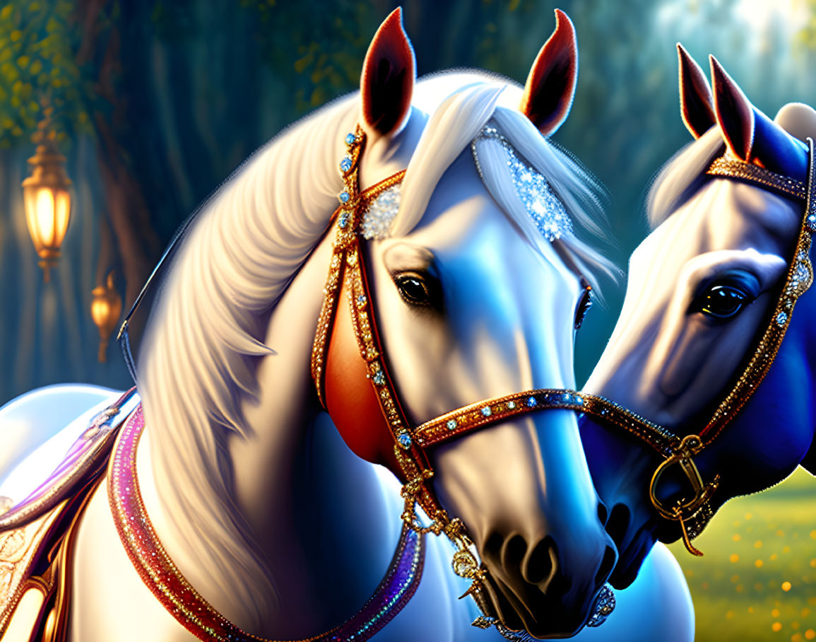 Ornately adorned white horses with jeweled bridles in magical forest setting