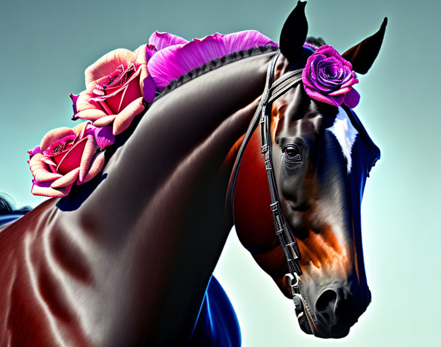 Brown Horse with Braided Mane and Pink Roses on Blue Background