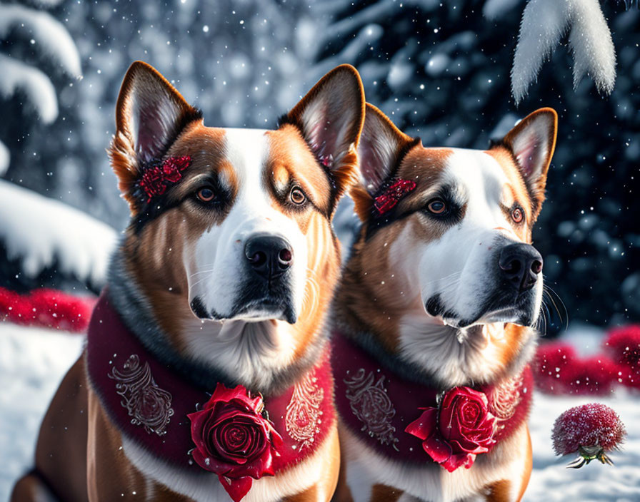 Dual alert canines with roses and red bandanas in a snowy scene