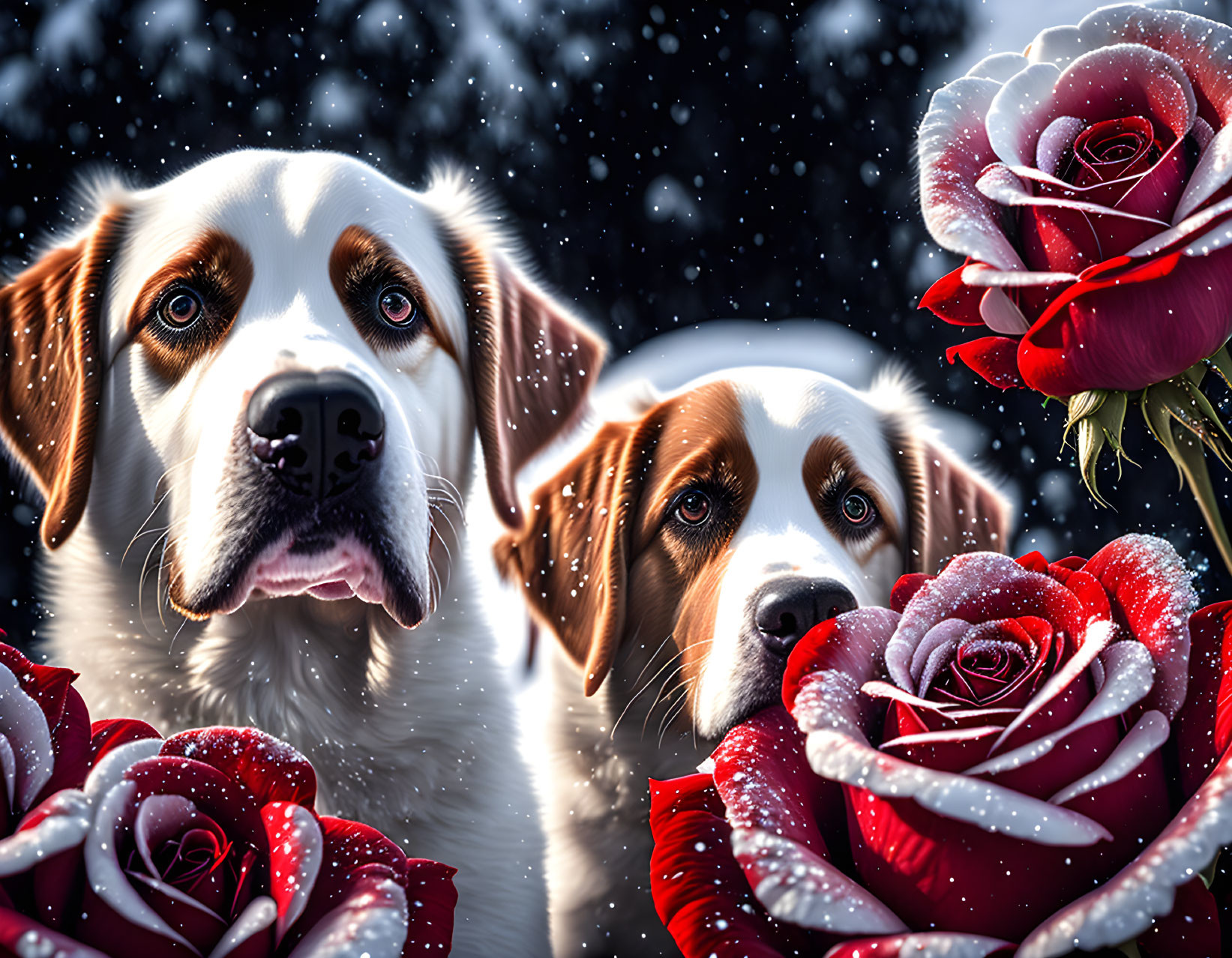 Two dogs in falling snow with red roses - a curious and alert scene