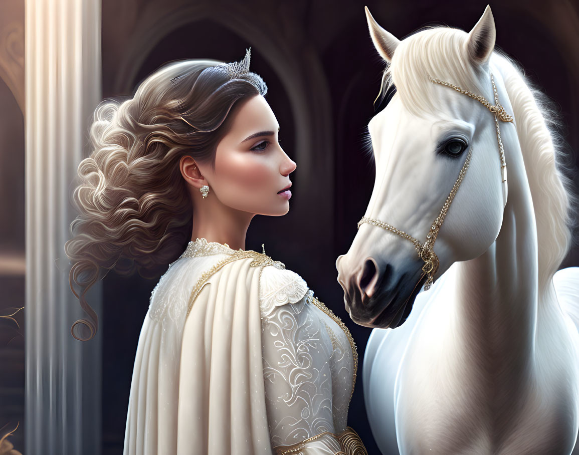 Woman in tiara and ornate dress with flowing hair gazes at white horse under archway.