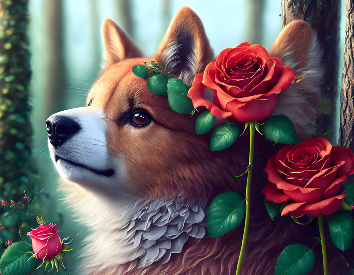 Detailed Corgi illustration with red roses and blue cacti background