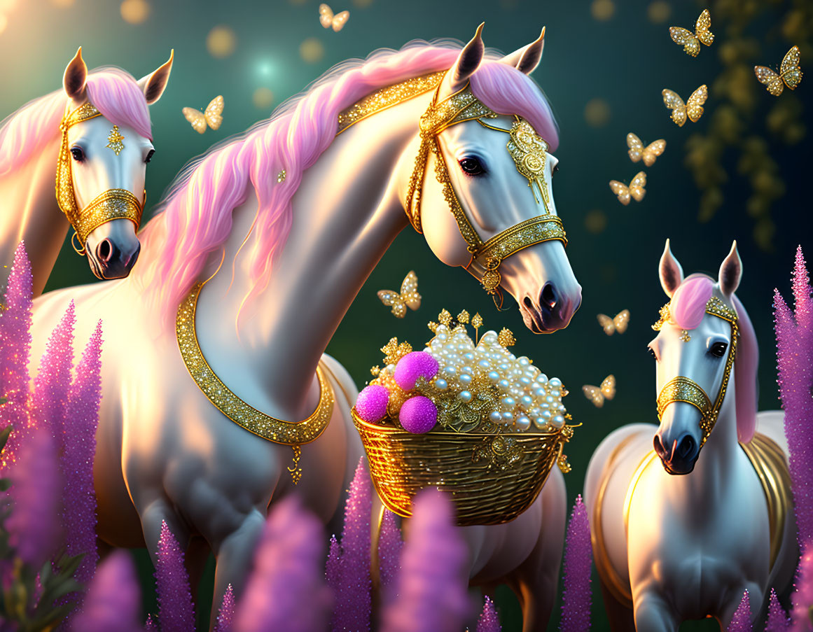 Majestic white horses with pink manes, golden accessories, butterflies, and purple flowers