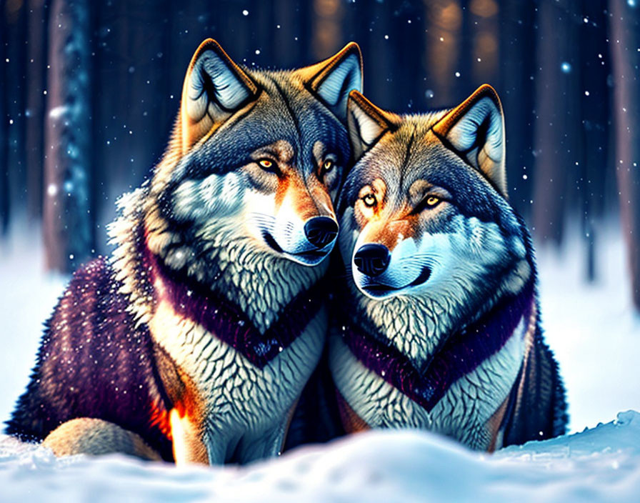 Two wolves snuggle in snowy forest amid falling snowflakes