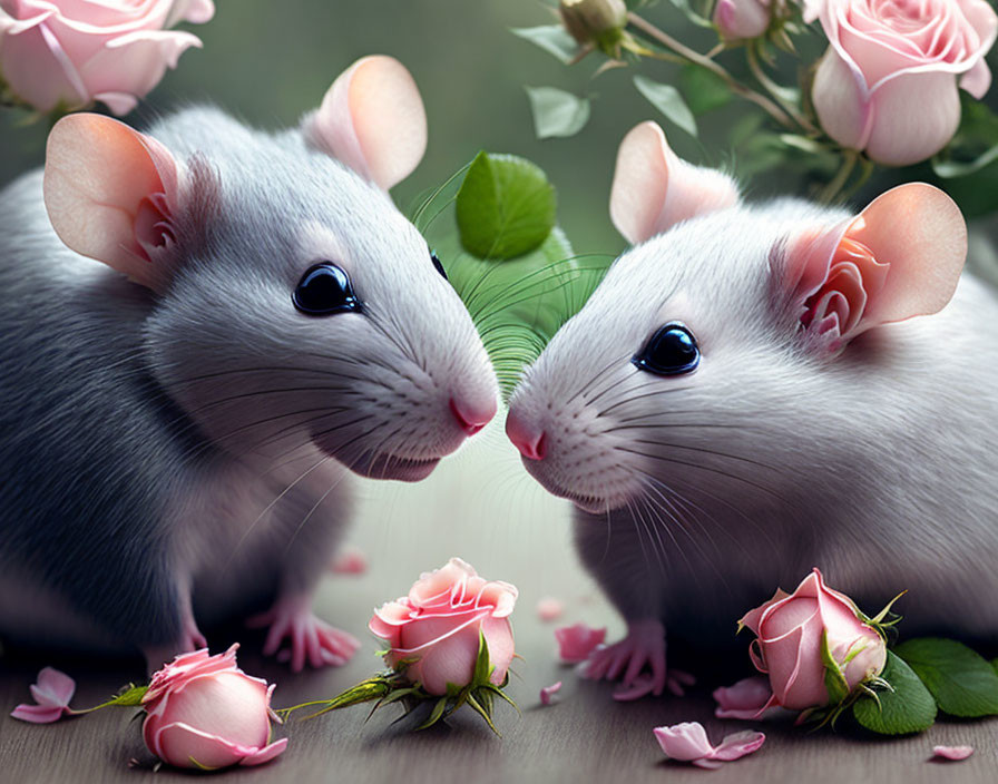 Gray mice with pink ears among pink roses on blurred background.