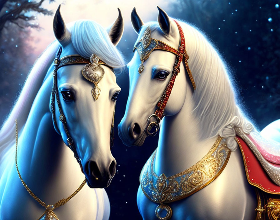 Illustrated white horses with golden bridles in night sky scene