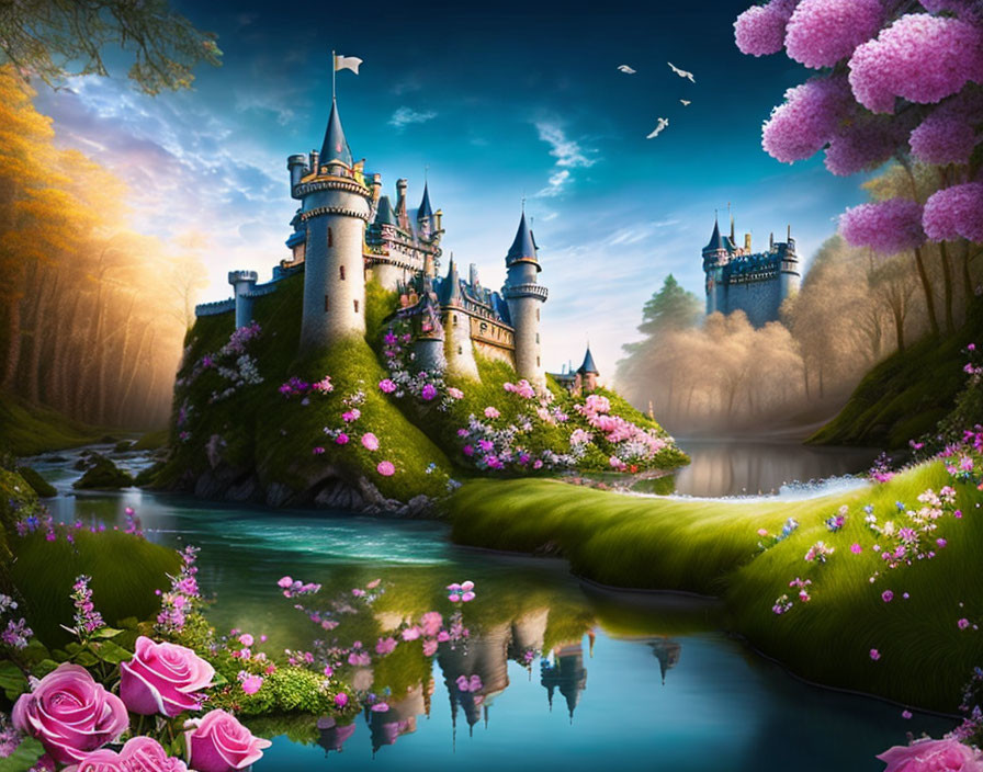 Fantastical castle with spires in vibrant floral landscape