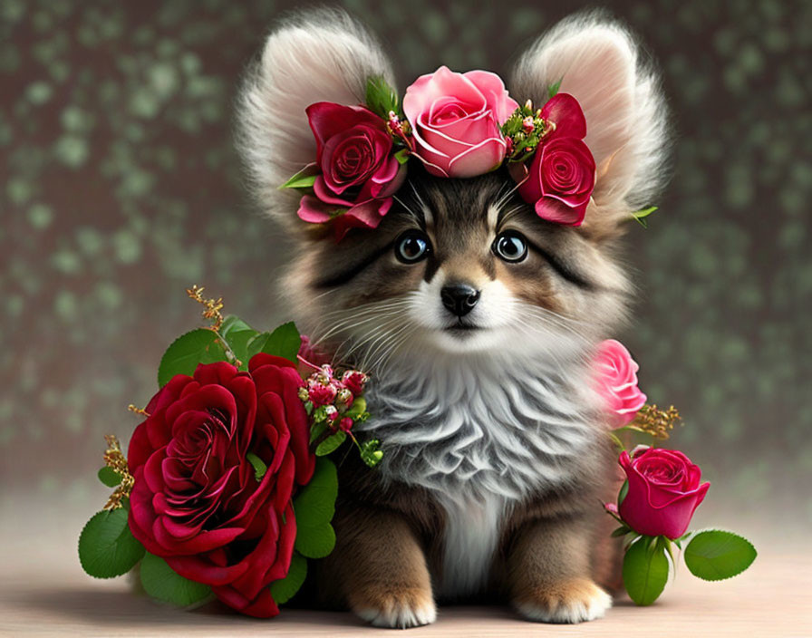 Fluffy brown and white kitten with big ears and pink roses on bokeh background