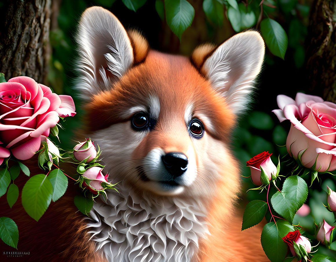 Illustration of a Red Panda Surrounded by Pink Roses