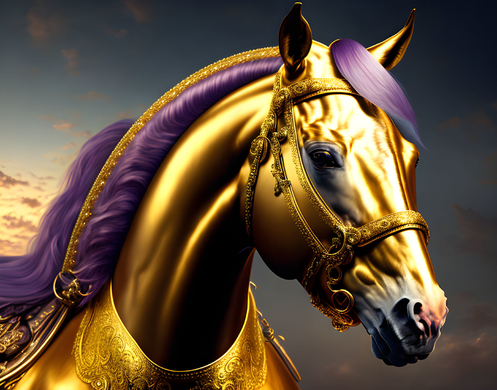 Majestic golden horse with purple mane under dusk sky