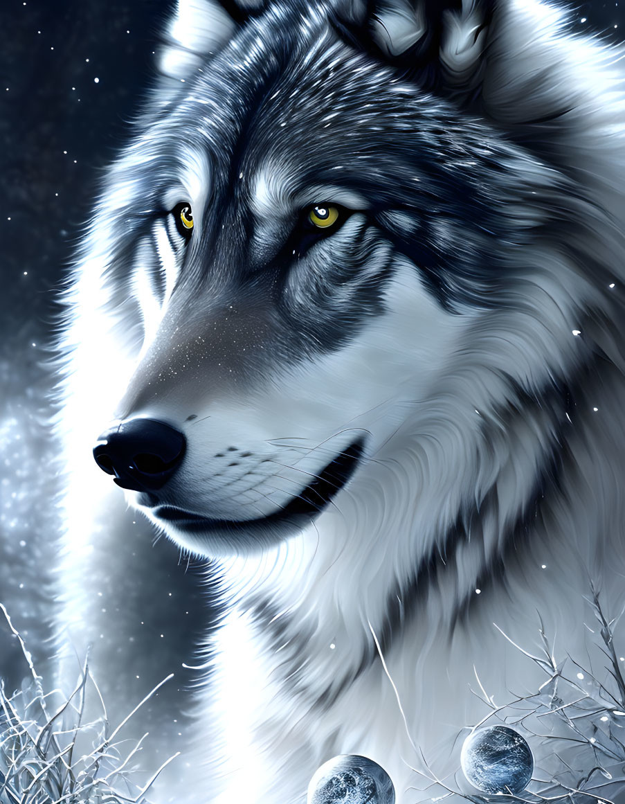 Detailed Digital Artwork: Majestic Gray Wolf with Yellow Eyes on Starry Night Sky